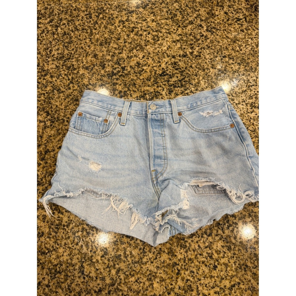 Levis 501 Original High Rise Distressed Denim Shorts Light Wash Blue W28 - Picture 1 of 10